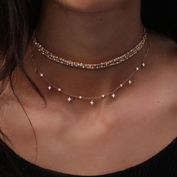 

charm gold alloy inset zircon crystal necklace delicate star small pengdant multilayer clavicle chain chokers, Golden;silver
