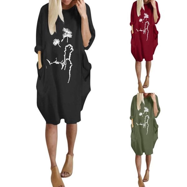 

casual dresses women's midi dress print vintage long sleeve o collar pocket loose robes femme female streetwear, Black;gray