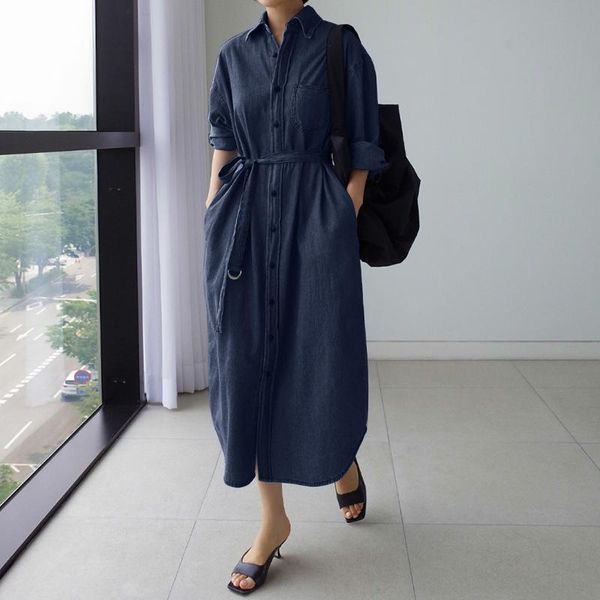 

casual dresses elegant denim blue shirt dress women's spring sundress zanzea 2021 long sleeve maxi vestidos female button robe plus siz, Black;gray
