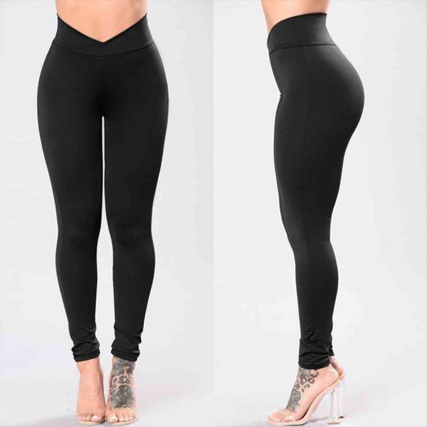 

fashion high waist elastic fitness womens legging workout long skinny trousers casual sports slim fit solid pleated clothing, Black