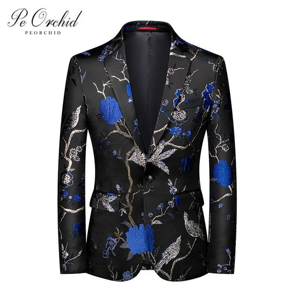 

brand blue floral jackets for men casual suit blazer de hombre stage costume party prom slim fit dress coat men's suits & blazers, White;black