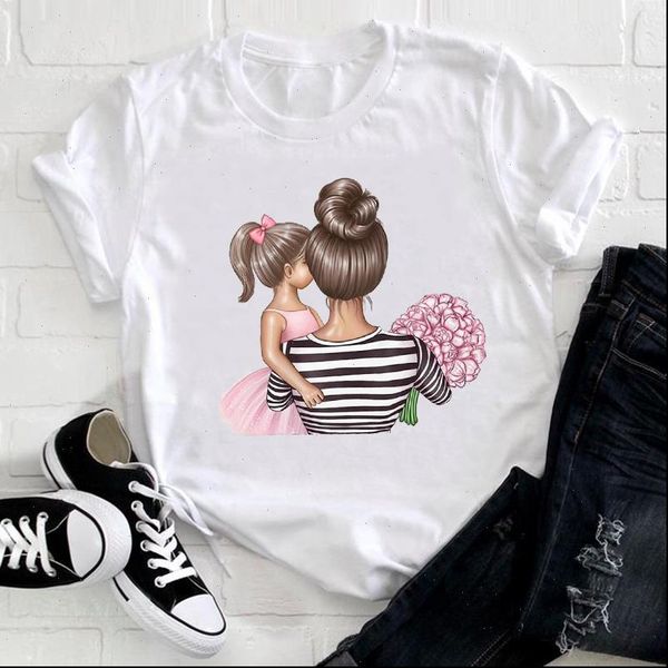 

womens t shirt women cartoon 90s style striped happy girl daughter mom mama mother clothes print tee tshirt ladies, White