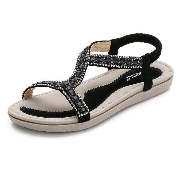 

2021 new shoes woman summer flat beach open toe ankle crystal sandals casual gladiator sandals fashion walking shoes woman, Black
