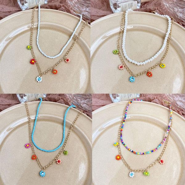 

chokers korea lovely daisy flowers colorful beaded white pearls charm statement short choker necklace for women vacation jewelry, Golden;silver
