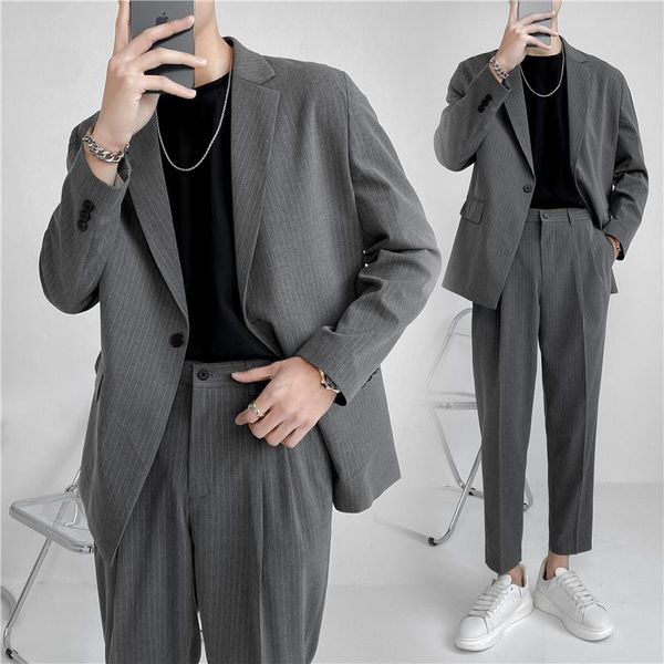 

men's suits & blazers male dress wedding mens 2pcs stripe sets korean streetwear loose business casual jacket ankle-length pants, White;black