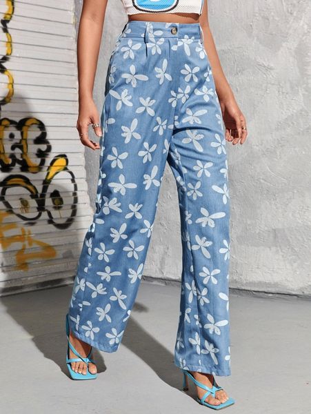 

allover floral print wide leg pants j6mr#, Black;white