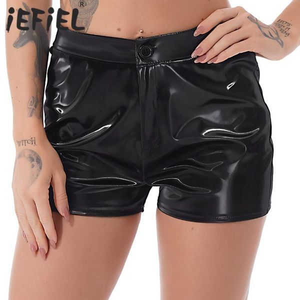 

women's shorts women wet look slim fit leggings pole dance leotard ladies mid waist pants casual lingerie costume for nightclub, White;black