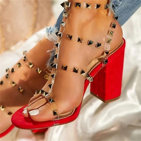 

dress shoes summer pumps women's high heel sandals transparent rivet open toe heels party club buckle ladies square, Black