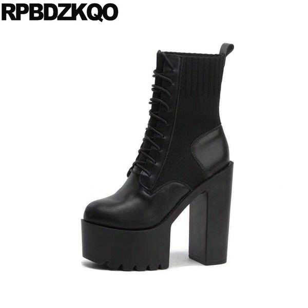 

boots platform fetish chunky front lace up casual ankle autumn extreme shoes knit high heel 15cm black women designer
