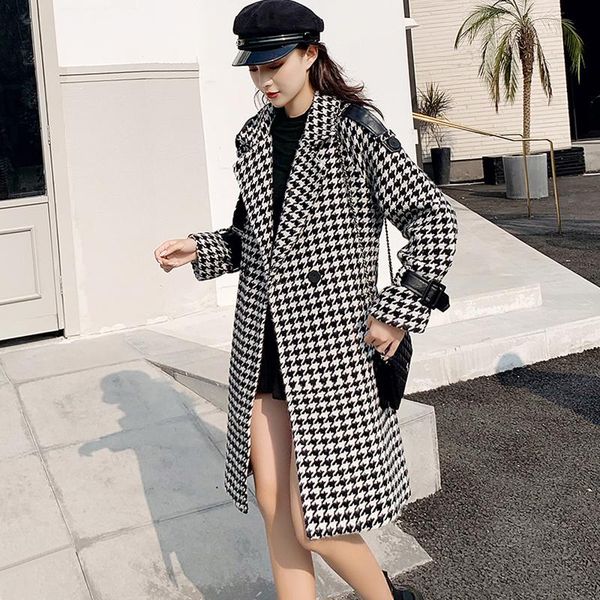 

women's wool & blends houndstooth coat female 2021 autumn long trench coats women winter overcoat ol sleeve office korean fashion outer, Black