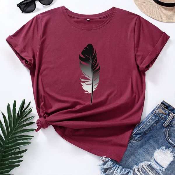 

women's t-shirt summer loose creative feather round neck short sleeve women, White