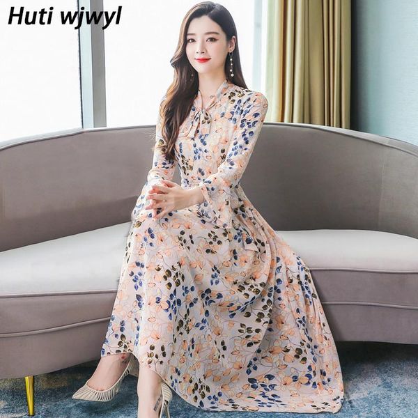 

casual dresses 2021 autumn winter floral chiffon vintage midi plus size long sleeve boho maxi dress women bodycon party vestidos, Black;gray