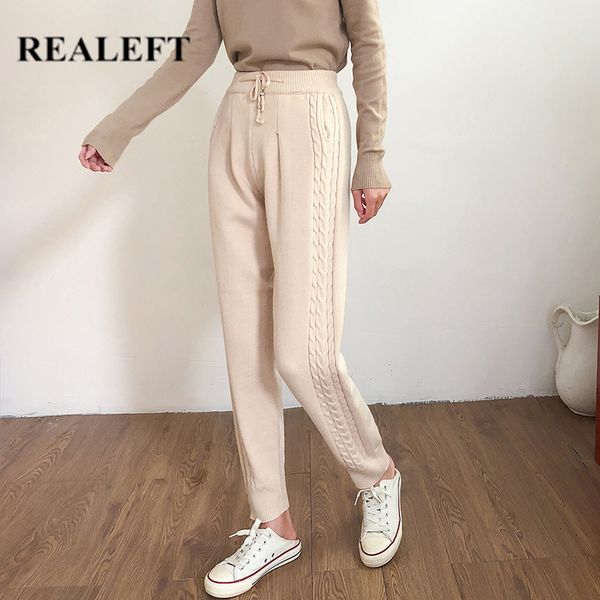 

autumn winter thicken warm knitted harem women's pants high waist fitting korean style casual long trouser pocket 210428, Black;white