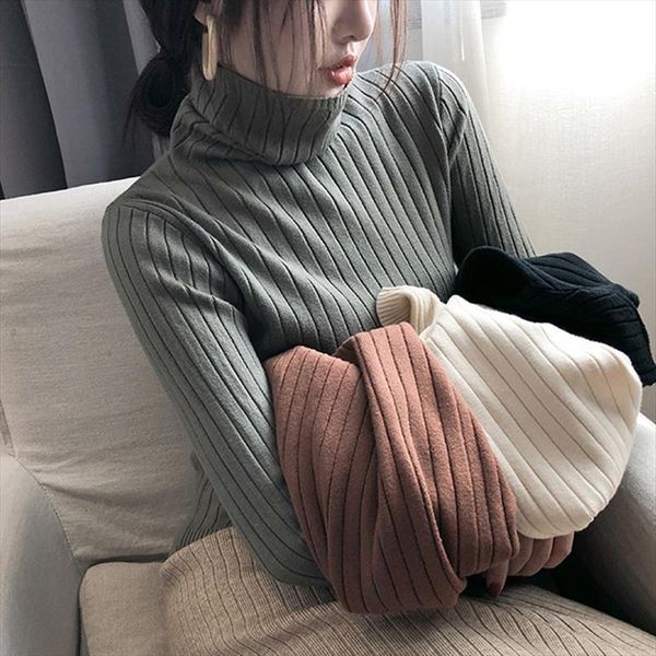 

autumn winter ribbed turtleneck pullovers womens sweaters knitted women long sleeve elasticity brown slim jumper ladies black basic sweater, White;black