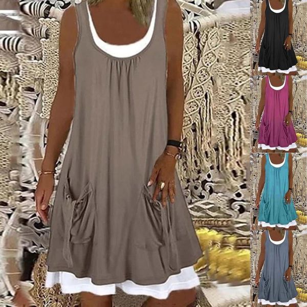 

casual dresses summer patchwork short dress women 2021 o neck pocket party ladies sleeveless loose beach, Black;gray