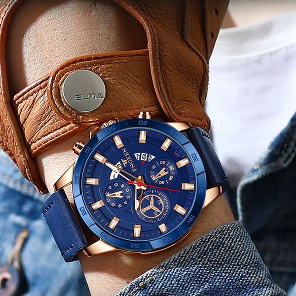 

wristwatches fngeen sport six hands three dials man's quartz hardlex mirror waterproof 50m watches for luminous, Slivery;brown