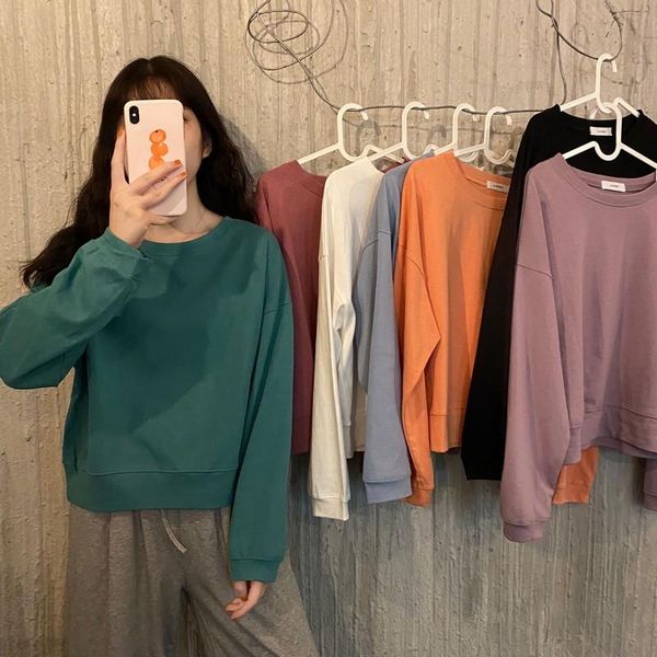 

women's hoodies & sweatshirts pullover round neck pure color long sleeves loose casual short wholesale autumn 2021 fashion lady clothi, Black