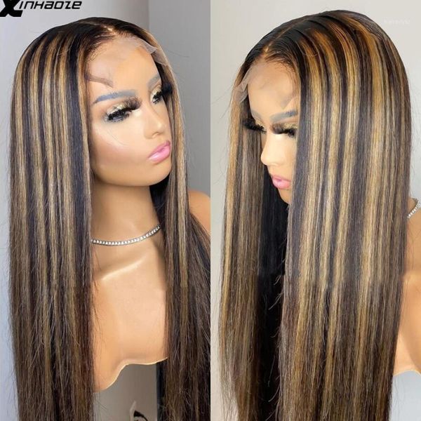 

ombre straight highlight blonde 13*6 t part lace front human hair wigs 180% 5x5'' silk base preplucked baby hair1, Black;brown
