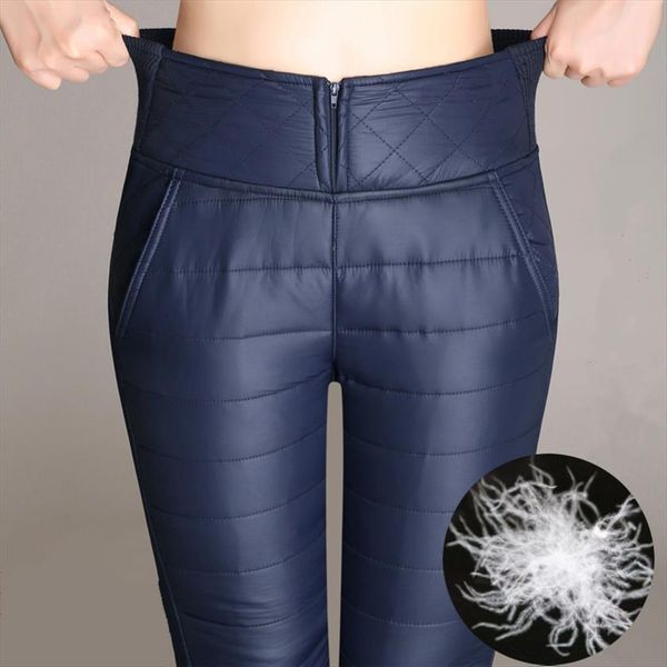 

pencil winter warm duck womens capris down high waist solid skinny leggings velvet elastic trousers, Black;white