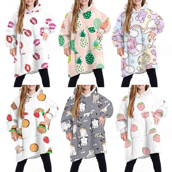 

women hoodie children kids teen girls boys fleece hooded wearable blanket pullover sweatshirt home warmth wool new, Black
