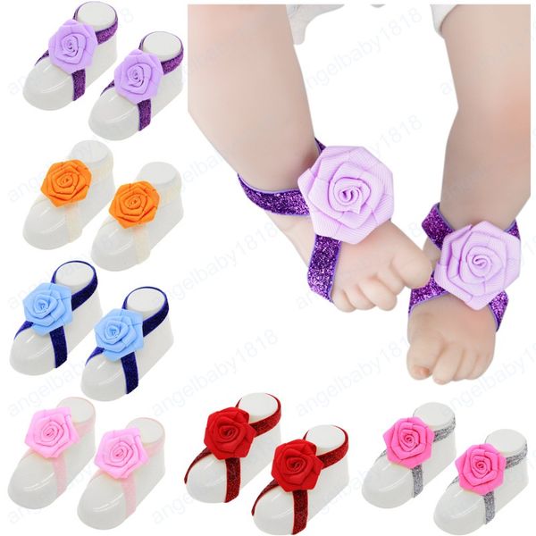 2 adet / çift Yenidoğan İlk Walkers Toddler Elastik Glitter Band Yalınayak Sandalet Şerit Ruffled Gül Çiçek Ayak Sapanlar Bebek Çocuk Fotoğraf Sahne