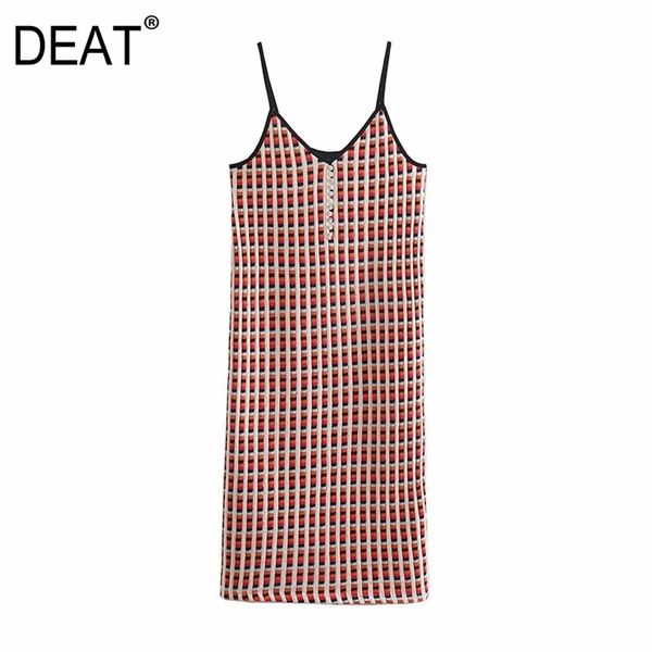 

[deat] women fashion knitting v-neck knee-length button sleeveless printing loose sling dress 13c348 210527, Black;gray
