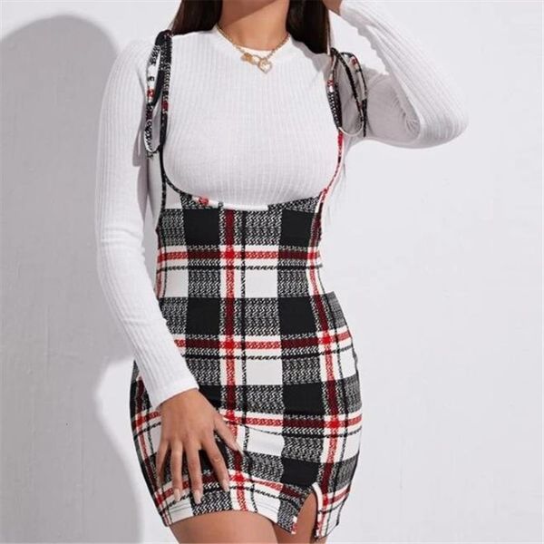 

fashion casual vintage plaid women skirts print adjustable thin shoulder high waist strap overall skinny mini daily all season, Black