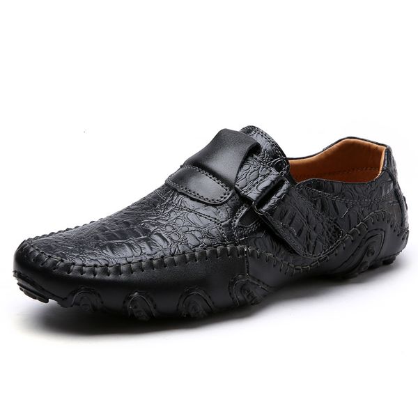 

dress shoes men's casual genuine leather mens loafers luxury brand crocodiles stripes driving slip on comfy plus size 38-48 q22b, Black
