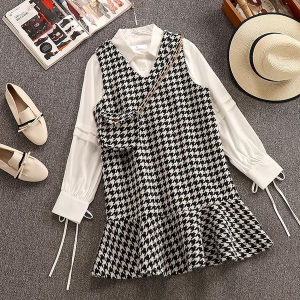 

two piece dress two-piece suit 2021 shirt + houndstooth plaid vest women, White