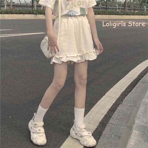 

women summer wild loose ruffle wide-leg shorts female students harajuku high waist solid color casual korean 210621, White;black