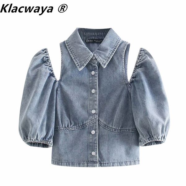 

women spring summer wear retro hong kong style lapel single-breasted off-shoulder denim shirt 210521, White