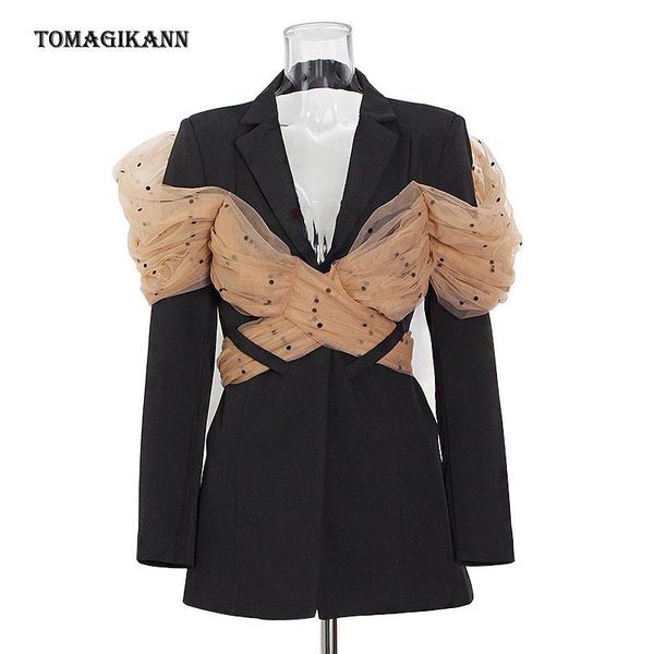 

women's suits & blazers mesh patchwork women blazer hit colors notched long sleeve black jacket female streetwear fashion 2021 fall coa, White;black