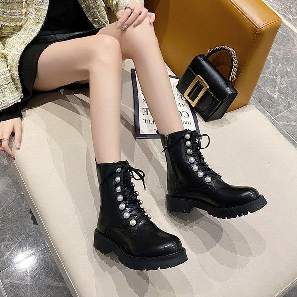 

boots 2021 winter keep warm women fashion round toe lace up ankle pearl decoration zapatillas mujer, Black