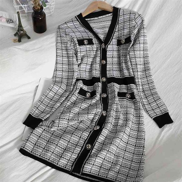 İlkbahar Yaz Elbise Kadın Moda Vintage Uzun Kollu Ekose Örme Kore Mizaç Mini Kazak Robe Femme 210514