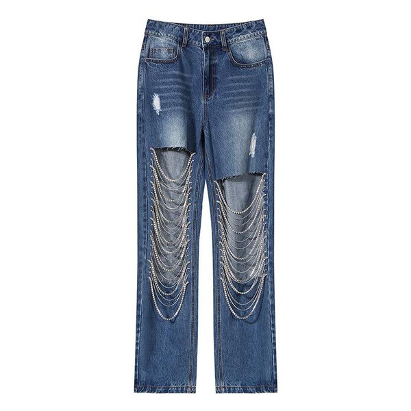 

women's pants & capris high-waisted heavy industry women jeans 2021 diamond-inlaid chain ripped washed, Black;white