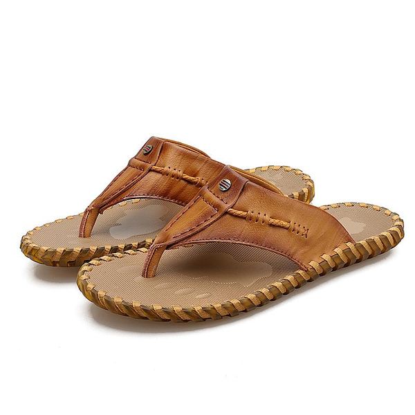 

slippers genuine leather casual 2021 trendy concise mens flip flops summer handmade outdoor breathable comfort beach shoes, Black