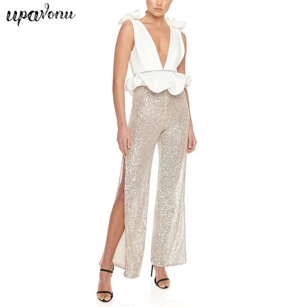 

women's sequin patchwork bandage jumpsuit v-neck sleeveless ruffle slim split straight long 210524, Black;white