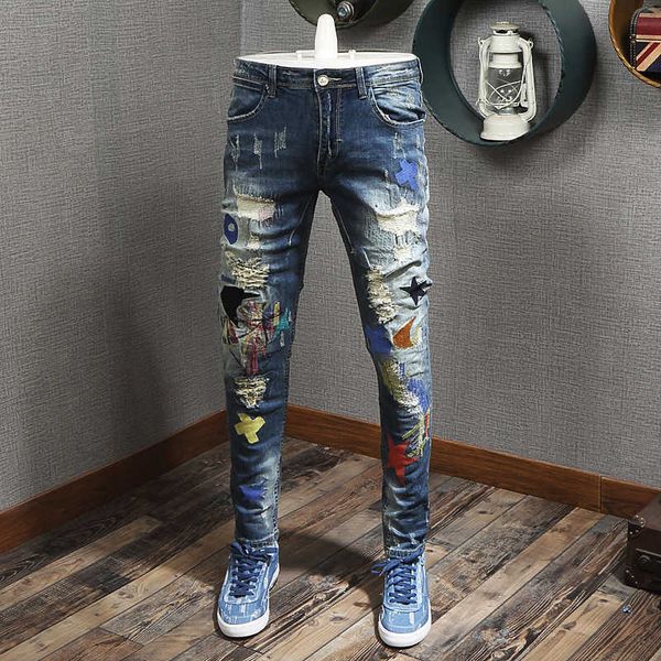 Americano streetwear moda uomo jeans retrò blu cotone elastico punk strappato toppe ricamo pantaloni hip-hop firmati