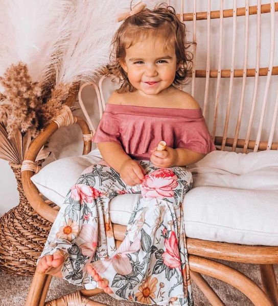 

clothing sets 0-24m girl 3pcs suit red short sleeve romper + elastic waist floral printed long flared pants little girls summer outfits, White