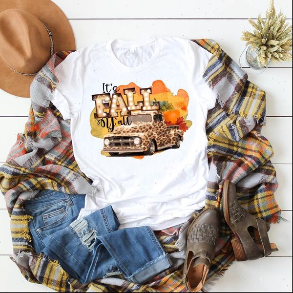 

friends leopard truck halloween thanksgiving women t shirt its fall yall graphic tee, White