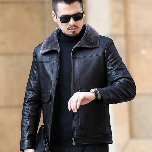 

men's fur & faux 2021 russian winter leather jacket men warm jackets male coats jaqueta de couro masculina, Black