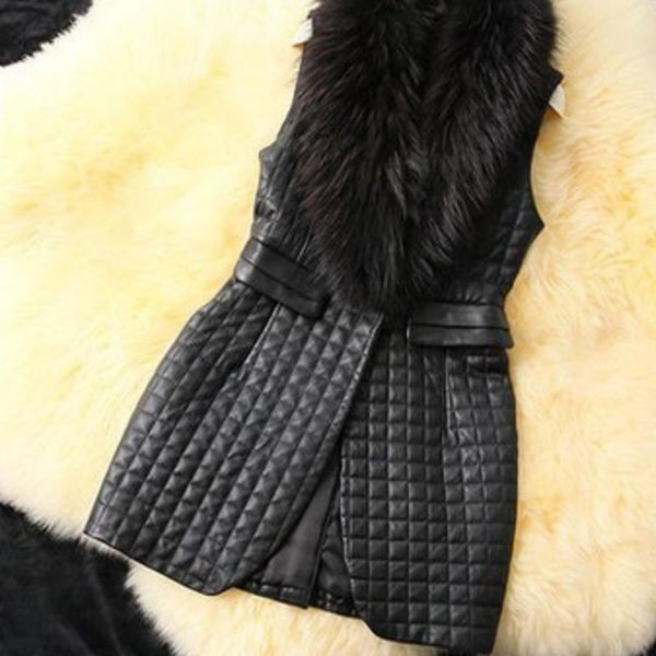 

women's vests lanmrem 2021 spring and casual fashion women plus solid color with fur collar plaid leather vest tc588, Black;white