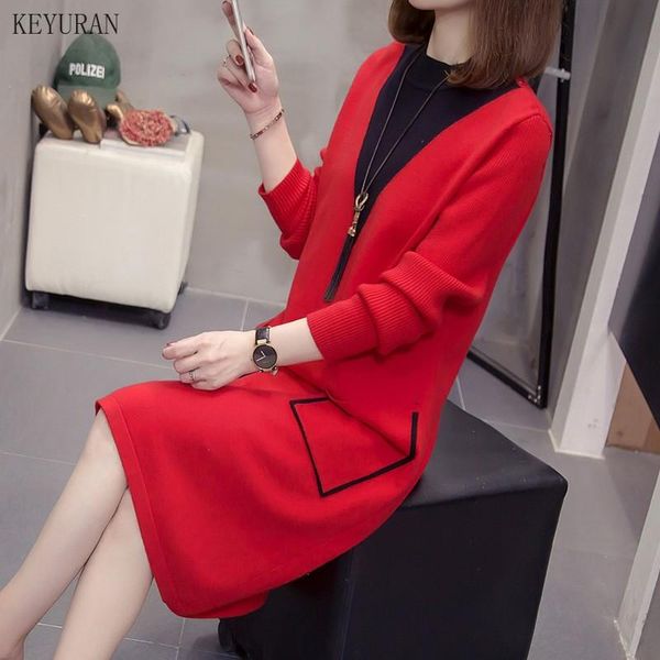 

casual dresses women dress 2021 autumn winter knit sweater turtleneck long sleeve patchwoek loose pullover large size, Black;gray
