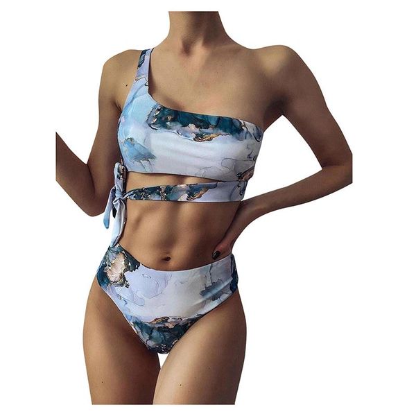 

women's swimwear print push up bikinis 2021 bandeau women swimsuit marble texture tie dye high waist bathing suit female beach wear, White;black