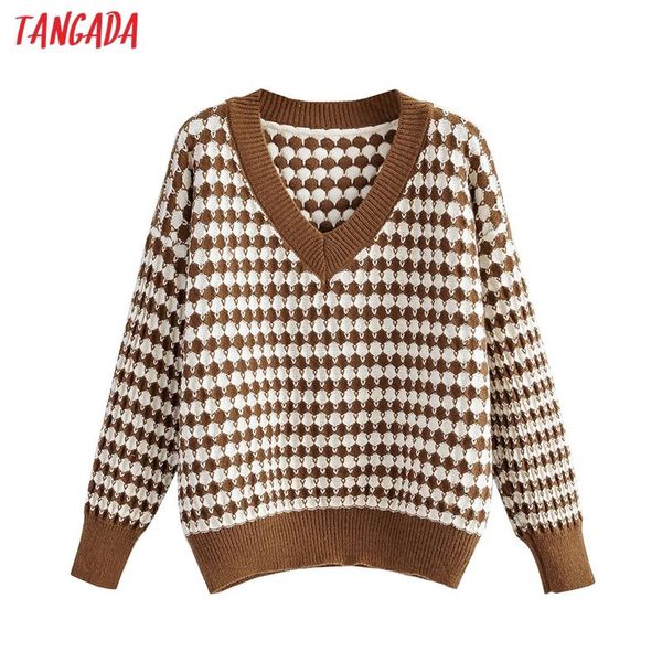 

women's sweaters tangada women 2021 fashion geometry oversize knitted sweater jumper v neck female elegant pullovers chic 1f284, White;black