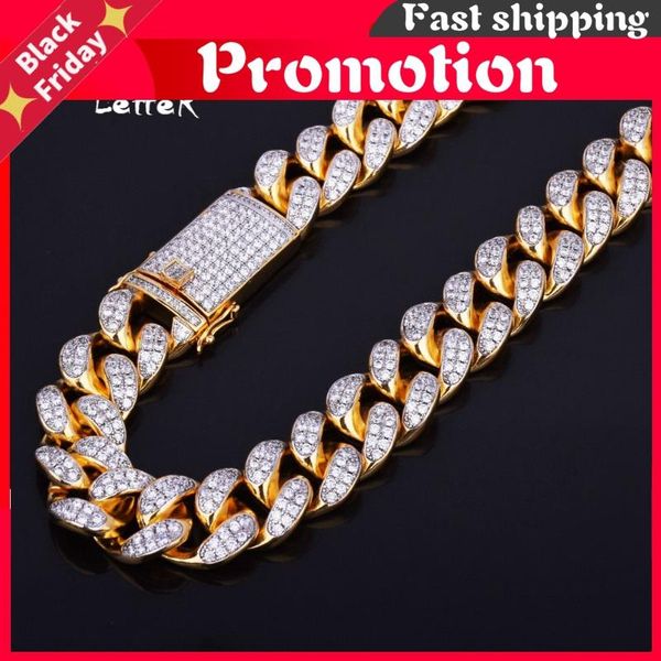 

chains finish men's 20mm heavy iced zircon miami cuban link necklace choker bling hop jewelry gold color chain 18" 20", Silver