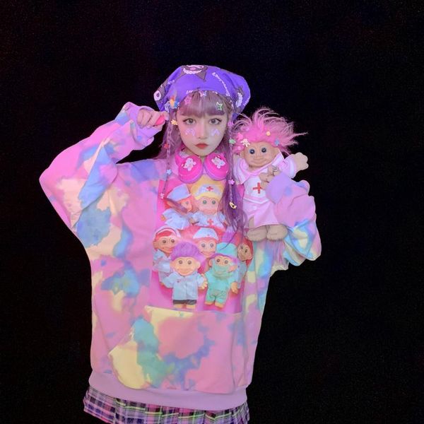 

women loose hooded sweatshirt harajuku girl cartoon print japanese oversized pullovers winter cute hoodie vintagetie dye women's hoodi, Black