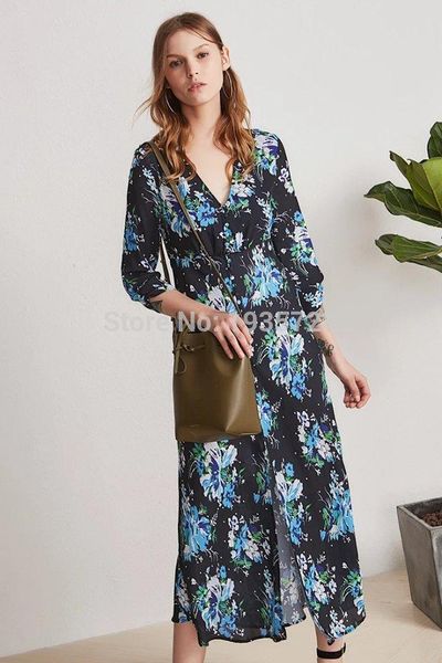 

casual dresses 7evening v neck floral print button front long dress with elbow sleeve - spring summer ladies, Black;gray