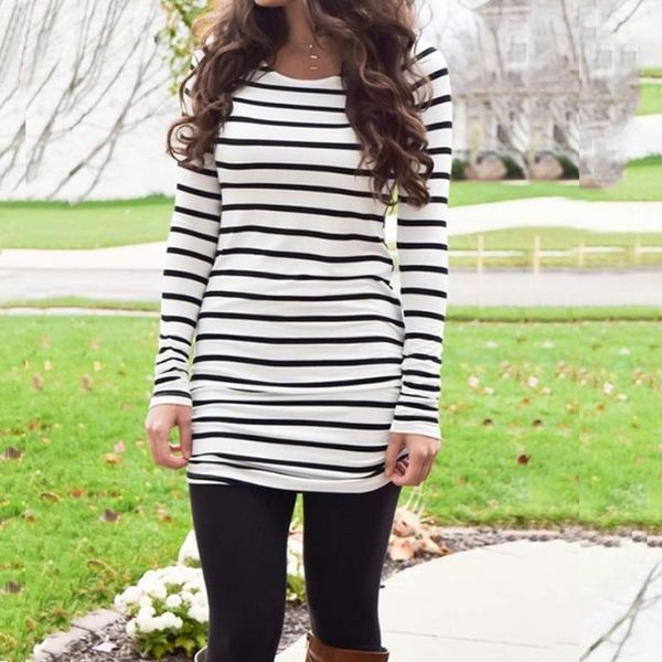 

women's t-shirt stripe long sleeve casual o-neck for womens fall winter clothing slim tshirt streetwear ladies, White