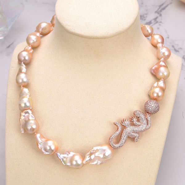 

guaiguai jewelry natural pink keshi pearl necklace lizard cz pave pendant handmade for women real gems stone lady fashion jewellery, Silver